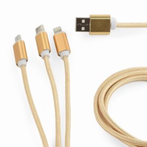 CABLU alimentare si date GEMBIRD, pt. smartphone, 3 + 1, USB 2.0 (T) la Lightning (T) + Micro-USB 2.0 (T) + USB 2.0 Type-C (T), 1m, cablu cu impletire din bumbac, incarcare simultana a 3 tipuri de telefoane, auriu, „CC-USB2-AM31-1M-G”