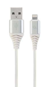 CABLU alimentare si date GEMBIRD, pt. smartphone, USB 2.0 (T) la Lightning (T), 1m, premium, cablu cu impletire din bumbac, alb cu conectori argintii, „CC-USB2B-AMLM-1M-BW2” (include TV 0.06 lei)