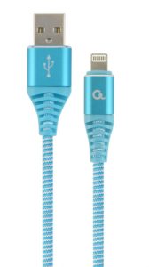 CABLU alimentare si date GEMBIRD, pt. smartphone, USB 2.0 (T) la Lightning (T), 1m, premium, cablu cu impletire din bumbac, albastru cu insertii albe, „CC-USB2B-AMLM-1M-VW” (include TV 0.06 lei)