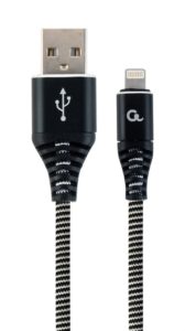 CABLU alimentare si date GEMBIRD, pt. smartphone, USB 2.0 (T) la Lightning (T), 2m, premium, cablu cu impletire din bumbac, negru cu insertii albe, CC-USB2B-AMLM-2M-BW (include TV 0.06 lei)