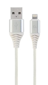 CABLU alimentare si date GEMBIRD, pt. smartphone, USB 2.0 (T) la Lightning (T), 2m, premium, cablu cu impletire din bumbac, argintiu cu insertii albe, CC-USB2B-AMLM-2M-BW2 (include TV 0.06 lei)