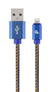 CABLU alimentare si date GEMBIRD, pt. smartphone, USB 2.0 (T) la Lightning (T), 2m, premium, conectori auriti, cablu cu impletire din bumbac, negru cu insertii galbene (Jeans model), conetori albastri, „CC-USB2J-AMLM-2M-BL” (include TV 0.06 lei)