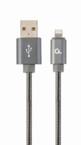 CABLU alimentare si date GEMBIRD, pt. smartphone, USB 2.0 (T) la Lightning (T), 2m, premium, cablu cu impletire din bumbac, gri-metalizat cu insertii albe, „CC-USB2S-AMLM-2M-BG” (include TV 0.06 lei)