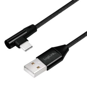CABLU alimentare si date LOGILINK, pt. smartphone, USB 2.0 (T) la USB 2.0 Type-C (T) la 90 grade, 0.3m, premium, cablu cu impletire din bumbac, negru, „CU0137” (include TV 0.06 lei)