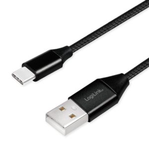 CABLU alimentare si date LOGILINK, pt. smartphone, USB 2.0 (T) la USB 2.0 Type-C (T), 0.3m, premium, cablu cu impletire din bumbac, negru, „CU0139” (include TV 0.06 lei)