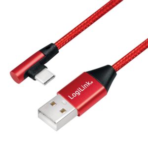 CABLU alimentare si date LOGILINK, pt. smartphone, USB 2.0 (T) la USB 2.0 Type-C (T) la 90 grade, 0.3m, premium, cablu cu impletire din bumbac, rosu, „CU0145” (include TV 0.06 lei)
