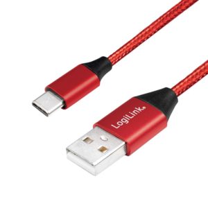 CABLU alimentare si date LOGILINK, pt. smartphone, USB 2.0 (T) la USB 2.0 Type-C (T), 1m, premium, cablu cu impletire din bumbac, rosu, „CU0148” (include TV 0.06 lei)