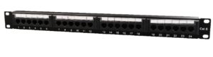 PATCH PANEL GEMBIRD 24 porturi, Cat6, 1U pentru rack 19″, suport posterior pt. gestionare cabluri, black, „NPP-C624CM-001”