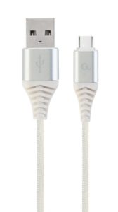 CABLU alimentare si date GEMBIRD, pt. smartphone, USB 2.0 (T) la USB 2.0 Type-C (T), 1m, premium, cablu cu impletire din bumbac, argintiu cu insertii albe, „CC-USB2B-AMCM-1M-BW2” (include TV 0.06 lei)
