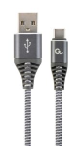 CABLU alimentare si date GEMBIRD, pt. smartphone, USB 2.0 (T) la USB 2.0 Type-C (T), 1m, premium, cablu cu impletire din bumbac, gri-metalizat cu insertii albe, „CC-USB2B-AMCM-1M-WB2” (include TV 0.06 lei)