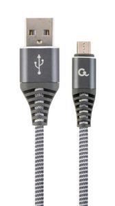 CABLU alimentare si date GEMBIRD, pt. smartphone, USB 2.0 (T) la Micro-USB 2.0 (T), 2m, premium, cablu cu impletire din bumbac, gri-metalizat cu insertii albe, „CC-USB2B-AMmBM-2M-WB2” (include TV 0.06 lei)