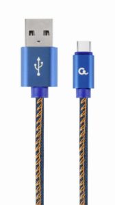 CABLU alimentare si date GEMBIRD, pt. smartphone, USB 2.0 (T) la USB 2.0 Type-C (T), 1m, premium, conectori auriti, cablu cu impletire din bumbac, negru cu insertii galbene (Jeans model), conetori albastri, CC-USB2J-AMCM-1M-BL