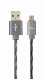 CABLU alimentare si date GEMBIRD, pt. smartphone, USB 2.0 (T) la Micro-USB 2.0 (T), 2m, premium, cablu cu impletire din bumbac, gri-metalizat cu insertii albe, „CC-USB2S-AMmBM-2M-BG” (include TV 0.06 lei)