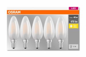 SET 5 becuri LED Osram, soclu E14, putere 4W, forma lumanare, lumina alb calda, alimentare 220 – 240 V, „000004058075090682” (include TV 3lei)