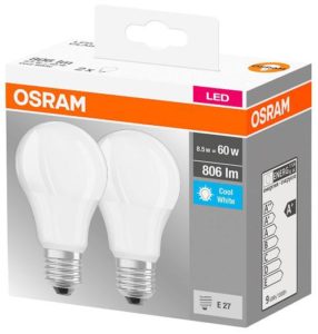 SET 2 becuri LED Osram, soclu E27, putere 8.5W, forma clasic, lumina alb rece, alimentare 220 – 240 V, „000004058075152670” (include TV 1.2lei)