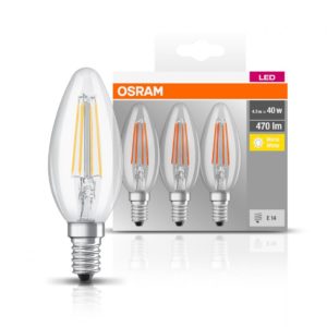 SET 3 becuri LED Osram, soclu E14, putere 4.5W, forma lumanare, lumina alb calda, alimentare 220 – 240 V, „000004058075819313” (include TV 1.8lei)