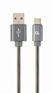 CABLU alimentare si date GEMBIRD, pt. smartphone, USB 2.0 (T) la USB 2.0 Type-C (T), 1m, premium, cablu metalic, gri-metalic, cu insertii albe, „CC-USB2S-AMCM-1M-BG” (include TV 0.06 lei)