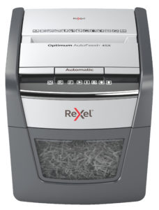 Distrugator automat documente Rexel OPTIMUM 45X , 45 coli, P4, cross-cut (tip confeti), cos 20 litri, negru-gri, „2020045XEU” (include TV 35lei)
