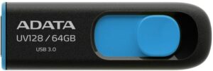 MEMORIE USB 3.2 ADATA 64 GB, retractabila, carcasa plastic, negru / albastru, „AUV128-64G-RBE” (include TV 0.03 lei)