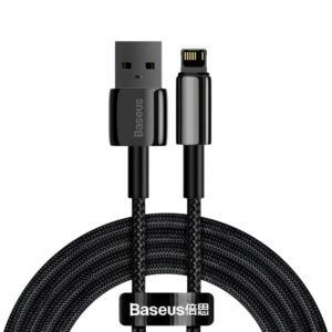 CABLU alimentare si date Baseus Tungsten Gold, Fast Charging Data Cable pt. smartphone, USB la Lightning Iphone 2.4A, braided, 2m, rezistent zgarieturi, negru „CALWJ-A01”