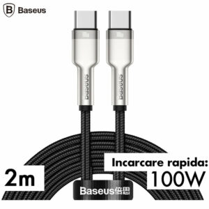 CABLU alimentare si date Baseus Cafule Metal, Fast Charging Data Cable pt. smartphone, USB Type-C la USB Type-C 100W, braided, 2m, negru „CATJK-D01”