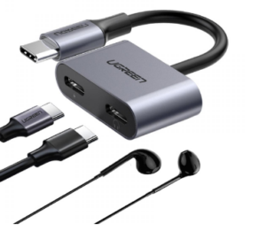 ADAPTOR Incarcare si audio Ugreen, CM232, 1 x USB Type-C(T) la 2 x USB Type-C(M), lungime cablu 15 cm, gri 60165