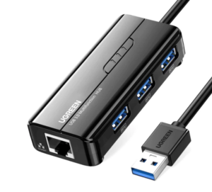 ADAPTOR RETEA Ugreen, „20265” extern, USB 3.0 (T) la port Gigabit RJ-45, porturi USB: USB 3.0 x 3, LED, negru „20265” (include TV 0.18lei) – 6957303822652