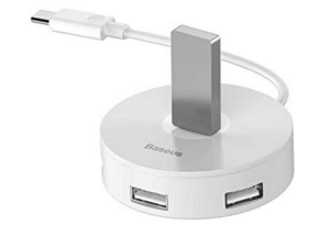 HUB extern Baseus Airjoy, porturi USB: USB 3.0 x 1 + USB 2.0 x 3, conectare prin USB Type-C, rotund, lungime cablu 10 cm, alb, „CAHUB-G02”