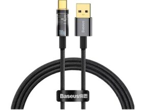 CABLU alimentare si date Baseus Explorer, Fast Charging Data Cable pt. smartphone, USB la USB Type-C 100W, 2m, Auto Power-Off, negru transparent CATS000301