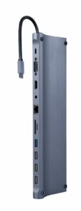 DOCKING Station Gembird universal,11-in-1, conectare PC USB Type C, USB-C x 1, USB-A 3.1 x 1, USB-A 2.0 x 3, porturi video HDMI x 1, VGA x 1, RJ45 x 1, PD 87W, SD, microSD, Audio, argintiu, „A-CM-COMBO11-01” (include TV 0.18lei)