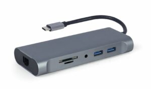 DOCKING Station Gembird universal, 7-in-1, conectare PC USB Type C, USB-C x 1, USB-A 3.1 x 3, porturi video HDMI x 1, VGA x 1, RJ45 x 1, PD 100 W, SD, microSD, Audio, argintiu, „A-CM-COMBO7-01” (include TV 0.18lei)