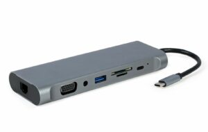 DOCKING Station Gembird universal, 8-in-1, conectare PC USB Type C, USB-A 3.1 x 4, porturi video HDMI x 1, DP x 1, VGA x 1, RJ45 x 1, PD 60 W, SD, microSD, Audio, argintiu, „A-CM-COMBO8-01” (include TV 0.18lei)