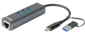 ADAPTOR RETEA D-LINK, extern, USB-C, port RJ-45 Gigabit, 3 x USB SuperSpeed 3.0 port, adaptor USB-A inclus „DUB-2332” (include TV 0.18lei)