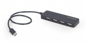 HUB extern GEMBIRD, porturi USB: USB 2.0 x 4, conectare prin USB Type-C, cablu 0.30 m, negru, „UHB-CM-U2P4-01” (include TV 0.8lei) – 8716309124720
