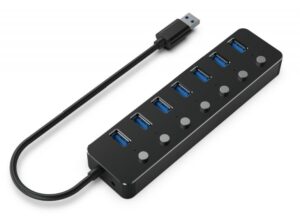 HUB extern GEMBIRD, porturi USB: USB 3.1 x 7, conectare prin USB, cu on/off, cablu 0,24 m, negru, „UHB-U3P7P-01” (include TV 0.8lei) – 8716309124676