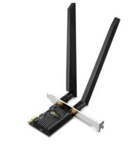 ADAPTOR RETEA TP-LINK AXE5400, extern wireless 2.4 GHz | 5 GHz | 6 Ghz, PCI-E port, 5400 Mbps, WI-FI 6E si Bluetooth 5.3, antena externa x 2, „Archer TXE72E” (timbru verde 0.18 lei)