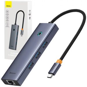 DOCKING STATION Baseus UltraJoy 4 in 1, input USB Type-C, output 3 x USB 3.0 / 1 x LAN RJ45, gri „B0005280A813-00” (timbru verde 0.18 lei) – 6932172630799