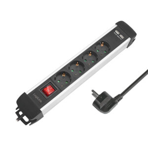 PRELUNGITOR LOGILINK, Schuko x 4, USB x 2 5V/2.1A (10.5 W), cablu 3G 1.5mm2, 230 V/16 A, 50 Hz, max. 3600 W, buton intrerupator iluminat, carcasa auminiu, IP20, 1.5m, negru/argintiu „LPS237U”