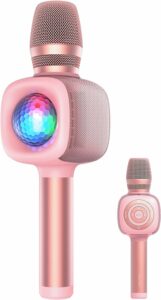 Microfon OneOdio, wireless, conectare prin Bluetooth 5.2, sensibilitate -52 dB, acumulator 1800 mAh, karaoke | Iluminare | 4 moduri voce, roz, „Bopmen-Star-10-Pink” (timbru verde 0.18lei)