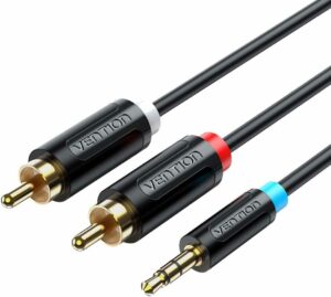 Cablu audio Vention, Jack 3.5mm (T) la 2 x RCA (T) conectori auriti, PVC, negru, „BCLBF” (timbru verde 0.18 lei) – 6922794751309