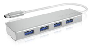 HUB extern Icy Box, porturi USB: USB 3.0 x 4, conectare prin USB Type-C, cablu 0.20m, aluminiu, alb, „IB-HUB1425-C3” (timbru verde 0.8 lei)
