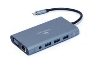 DOCKING Station Gembird universal, 7-in-1, conectare PC USB Type C, USB-C x 1, USB-A 3.1 x 3, porturi video HDMI x 1, VGA x 1, RJ45 x 1, PD 100 W, SD, microSD, Audio, argintiu, A-CM-COMBO7-01 (include TV 0.18lei)