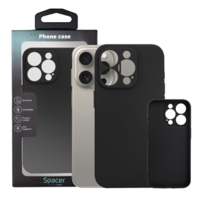 Husa Iphone 15 Pro Spacer, grosime 1.5mm, material flexibil TPU, negru „SPPC-AP-IP15P-TPU”