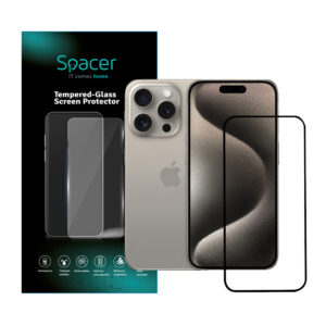 FOLIE STICLA Spacer pentru Iphone 15 Pro, grosime 0.3mm, acoperire totala ecran, strat special anti-ulei si anti-amprenta, Tempered Glass, sticla 9D, duritate 9H „SPPG-AP-IP15P-TG”