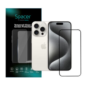 FOLIE STICLA Spacer pentru Iphone 15 Pro Max, grosime 0.3mm, acoperire totala ecran, strat special anti-ulei si anti-amprenta, Tempered Glass, sticla 9D, duritate 9H „SPPG-AP-IP15PM-TG”